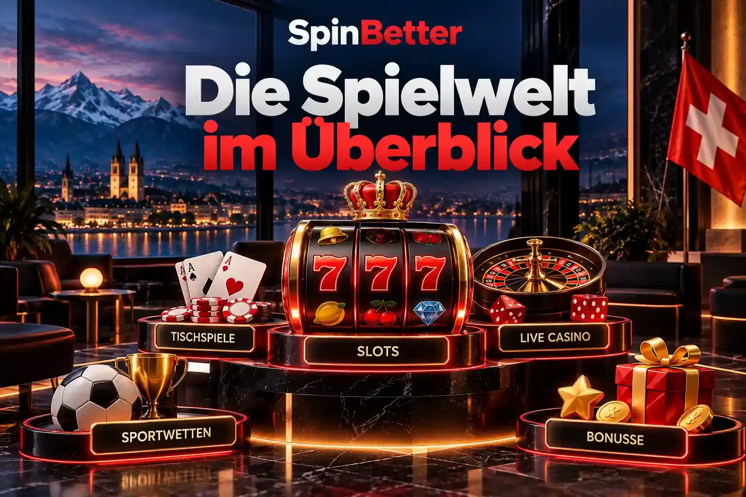 Übersicht der Spielwelt mit Slots, Tischspielen, Live-Casino, Sportwetten und Bonusangeboten