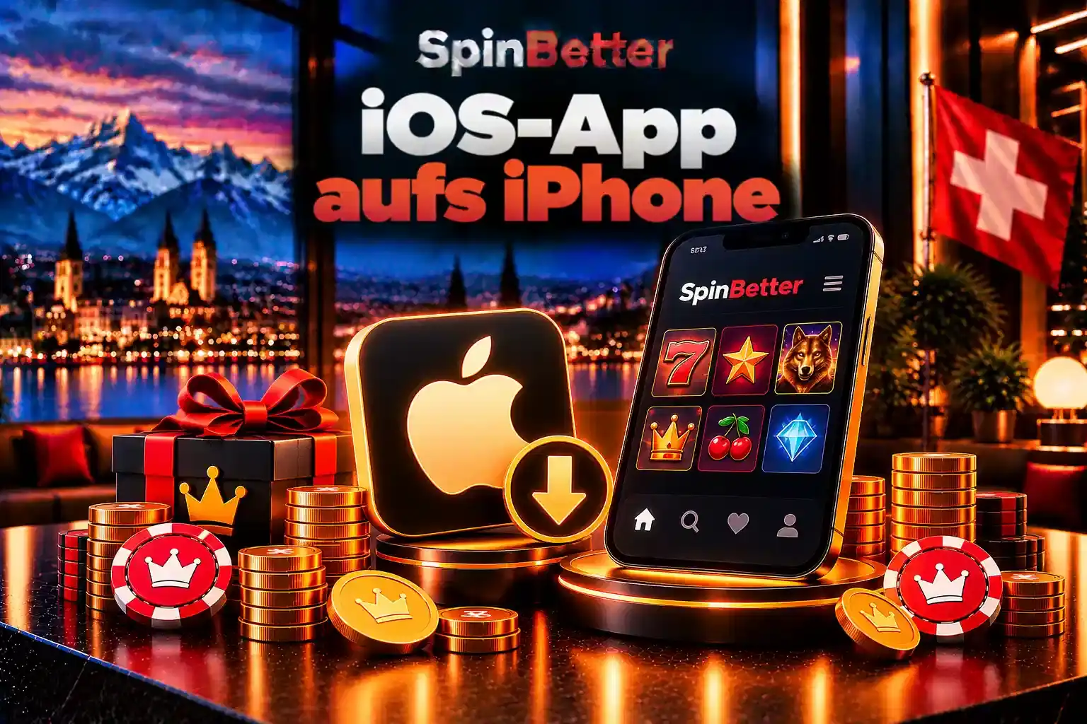 iPhone mit Spielübersicht und Apple-Symbol mit Download-Pfeil