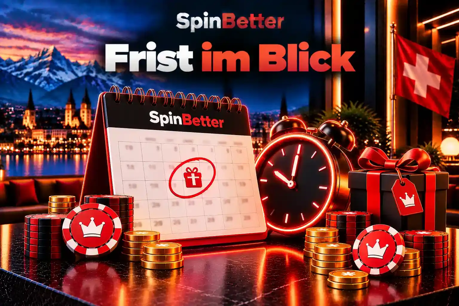 Kalender mit markiertem Tag, Wecker und Geschenkbox mit Anhänger