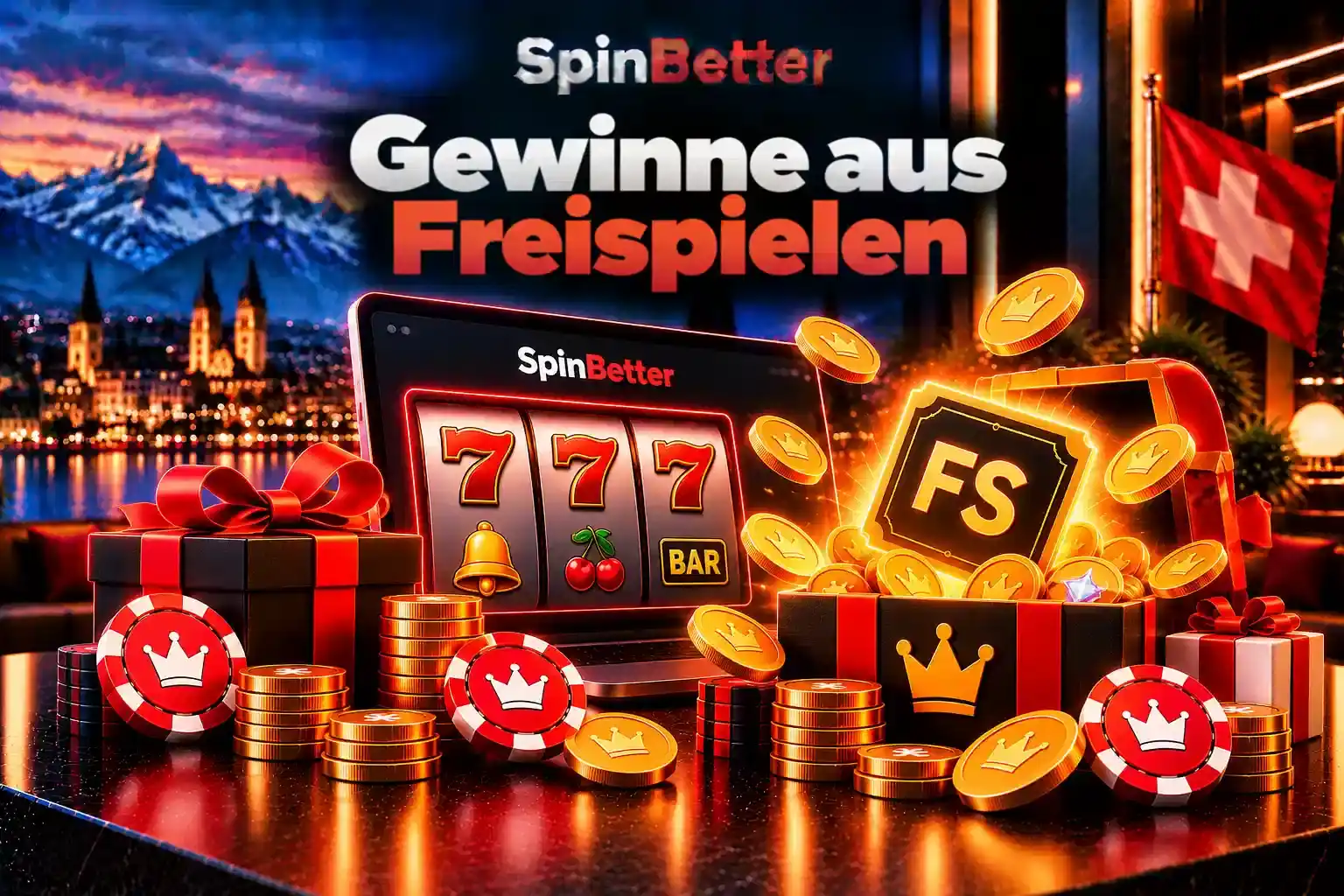 Slot mit drei Siebenern, geöffnete Geschenkbox mit Freispiel-Ticket und herausfliegenden Münzen