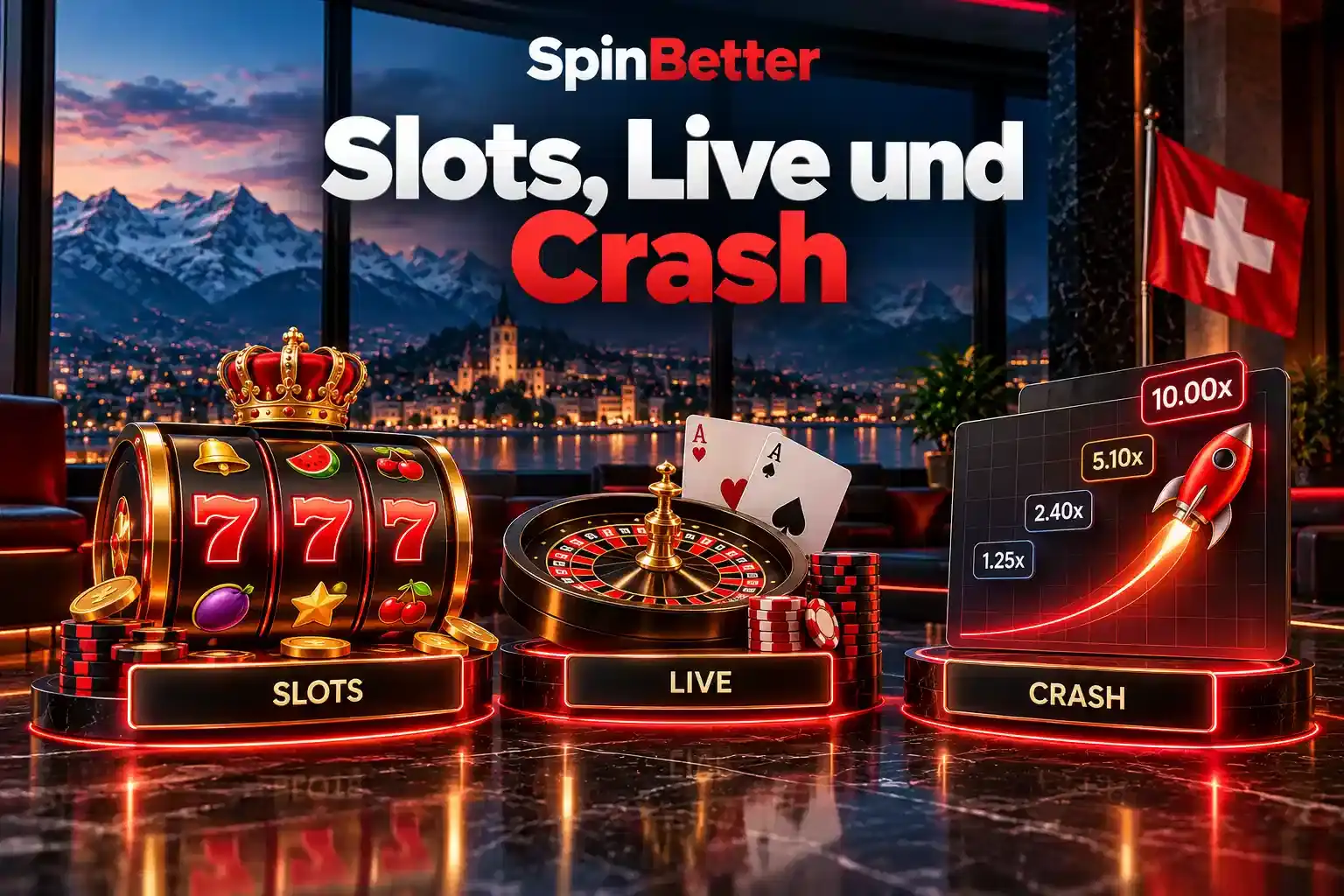 Drei Spielbereiche im Überblick: Slots, Live-Casino mit Roulette und Karten sowie ein Crash-Spiel mit steigendem Multiplikator