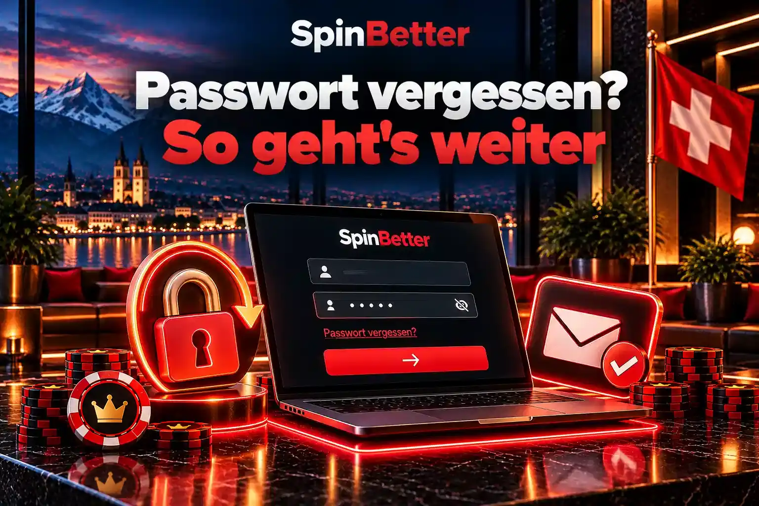 Anmeldemaske mit Link Passwort vergessen, Schloss mit Pfeil und Umschlag mit Häkchen