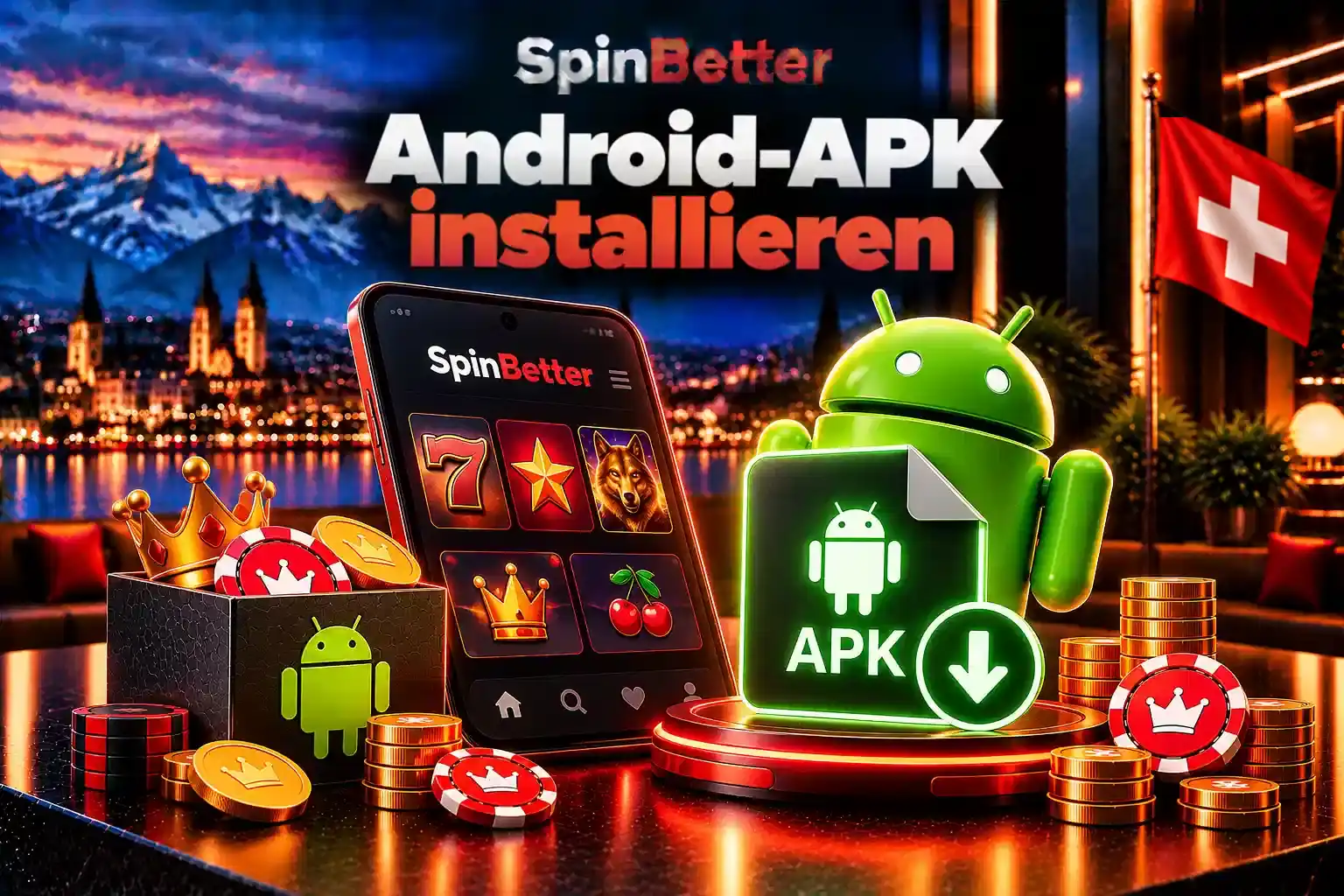 Smartphone mit Spielübersicht, grünes Android-Symbol mit APK-Datei und Download-Pfeil