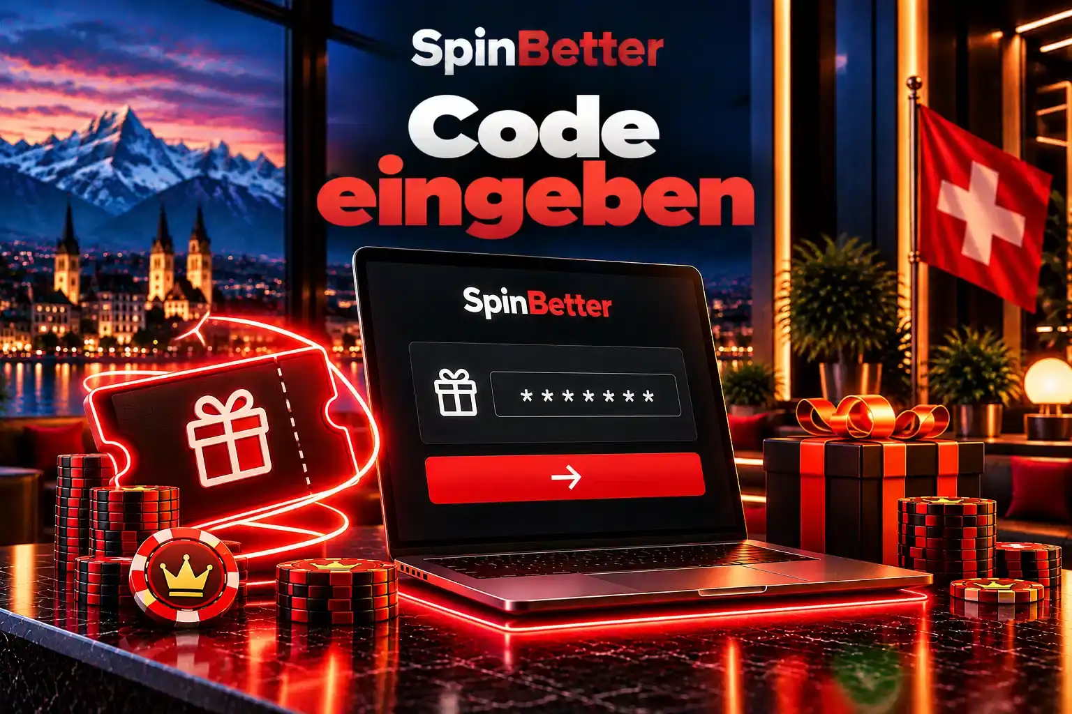 Laptop mit Eingabefeld für einen Code, Geschenkgutschein und Geschenkboxen