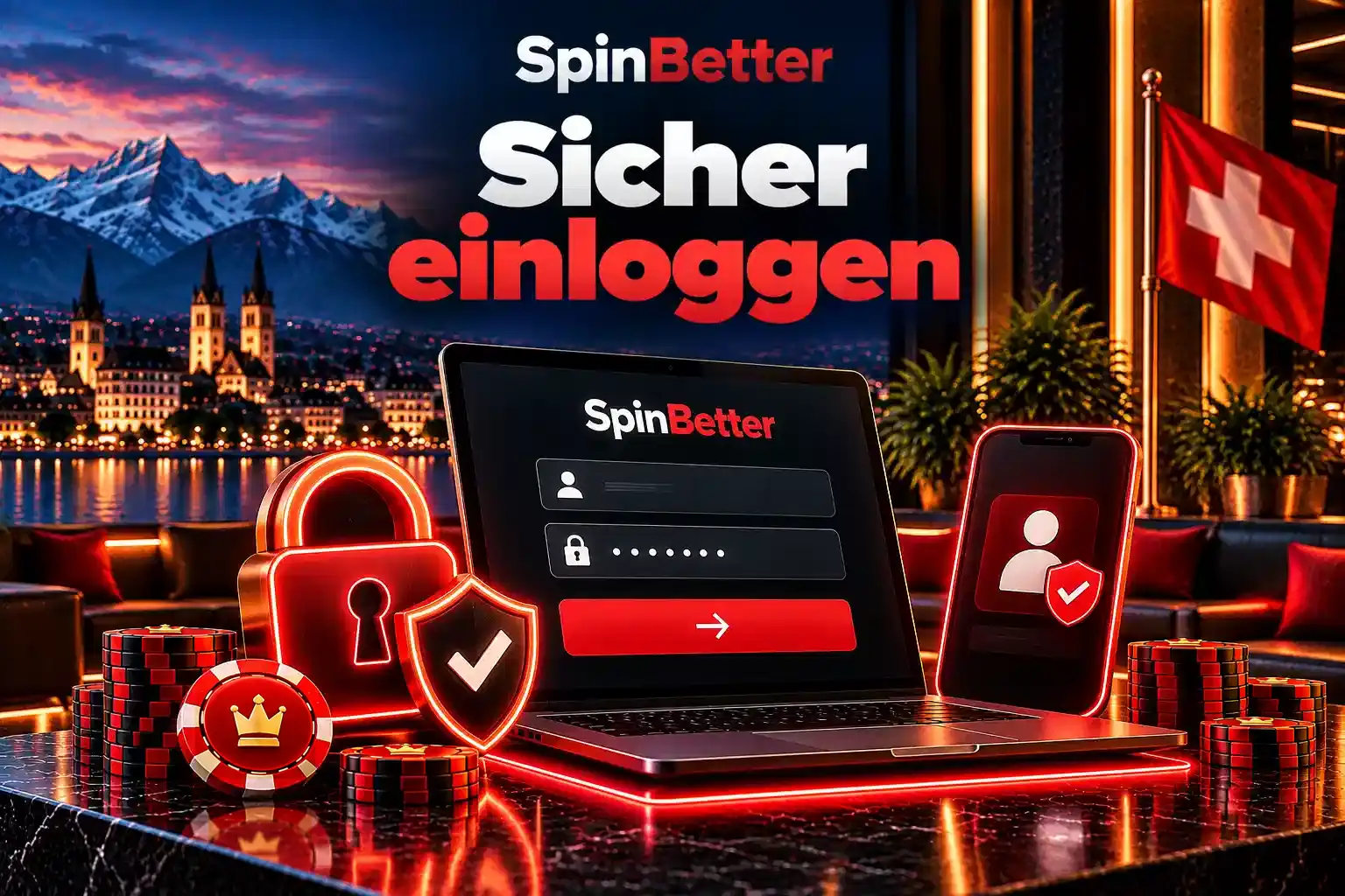 Laptop mit Anmeldemaske, Schloss-Symbol und Smartphone mit bestätigtem Profil