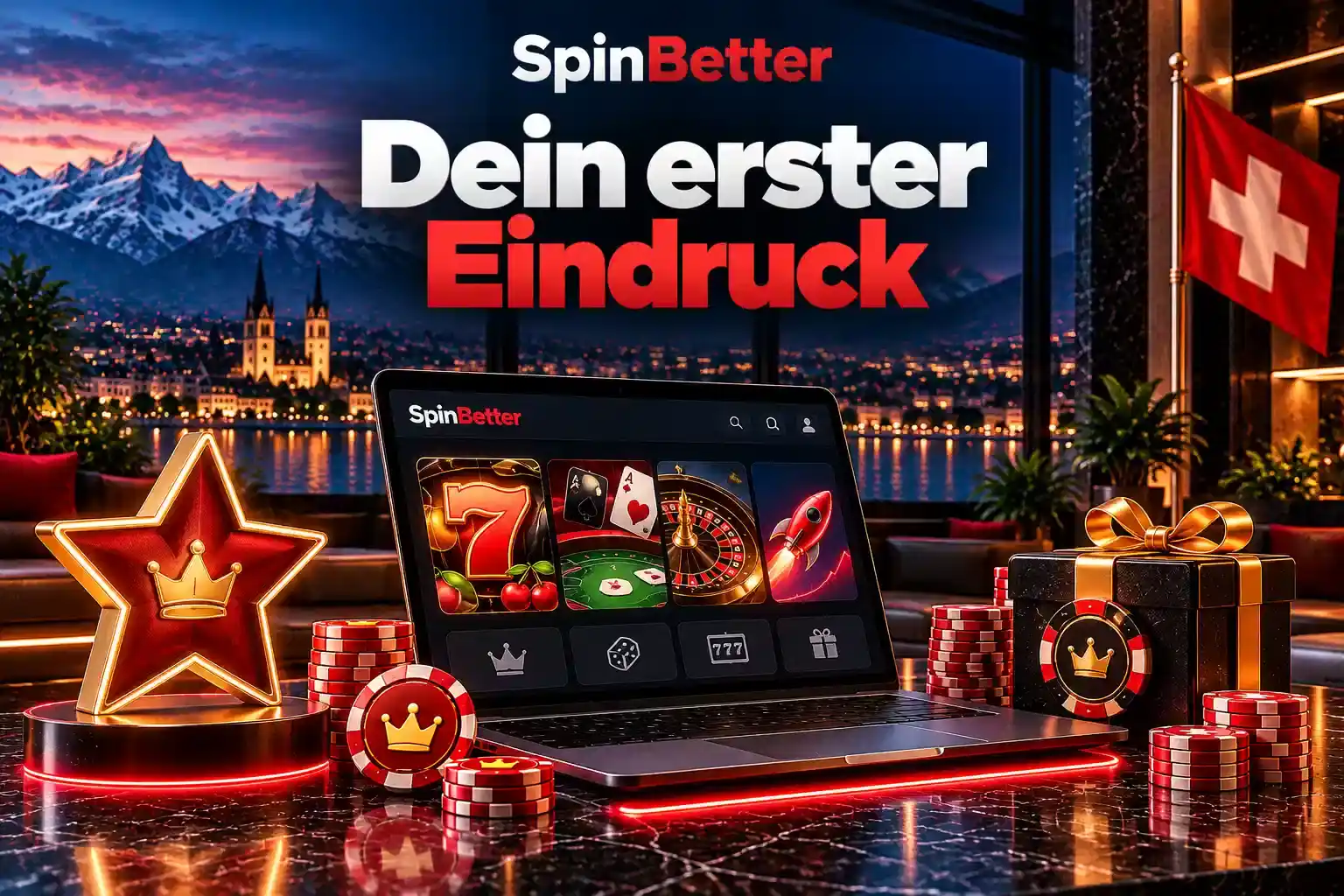Willkommensansicht des Casinos mit Slots, Tischspielen, Roulette und Crash-Spiel auf dem Laptop