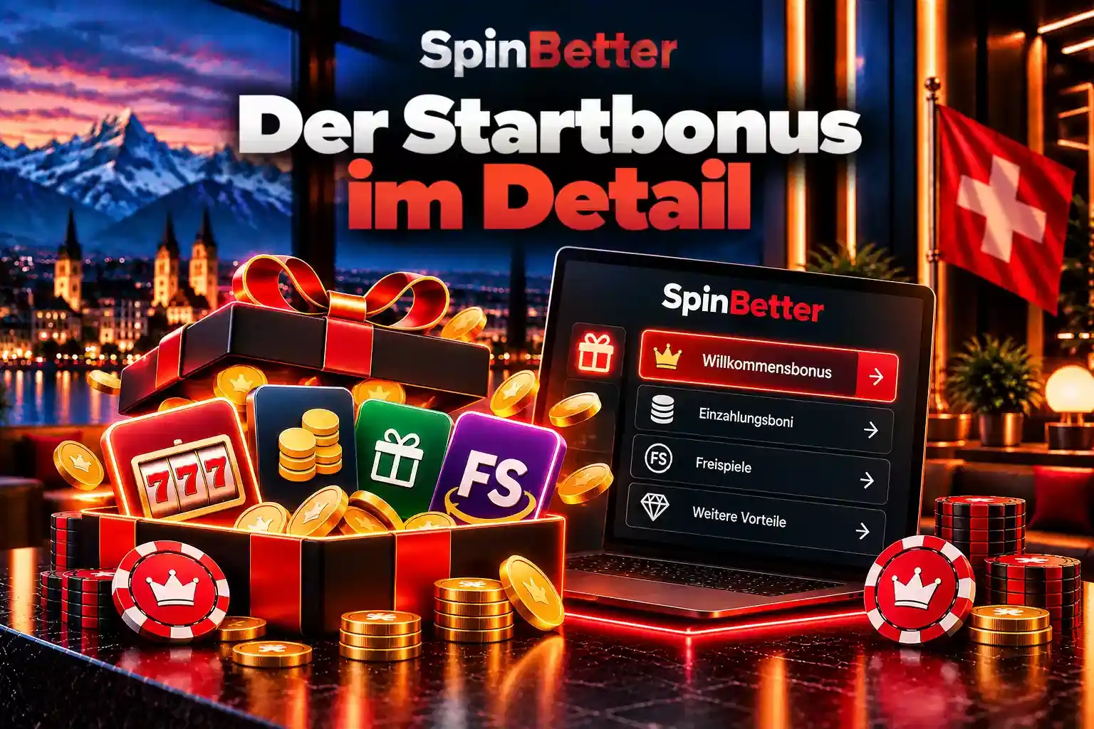 Geöffnete Geschenkbox mit Slot, Münzen und Freispielen neben der Bonusübersicht auf dem Laptop