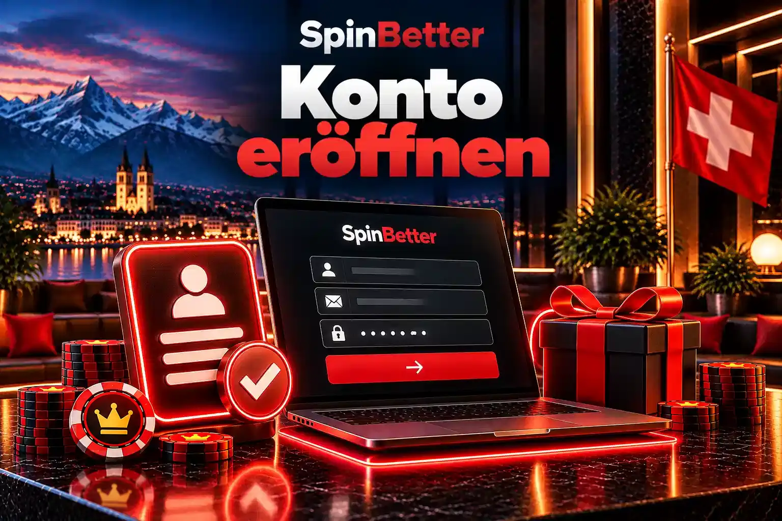 Laptop mit Registrierungsformular, Profilkarte mit Häkchen und Geschenkbox