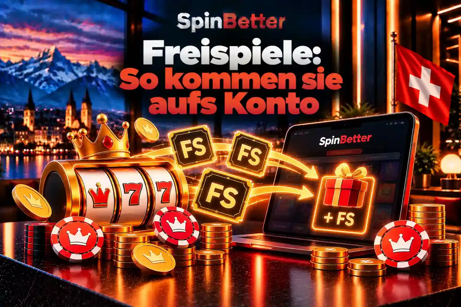 Slotmaschine mit Freispiel-Gutscheinen, die in ein Geschenk auf dem Tablet fliegen